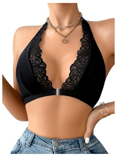 OYOANGLE Women's Lace Bralette Halter Neck Trim Front Closure Lace Bra Wireless Backless Knitted...