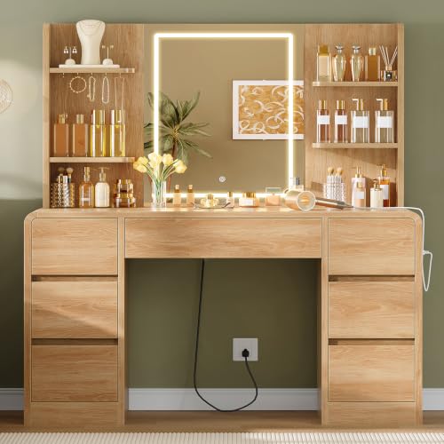 Image of FIONESO Vanity Desk with Mirror and Lights, Makeup Vanity with 7 Drawers & Power Outlet, 3 Lighting Modes Brightness Adjustable, Vanity for Girls, Natural