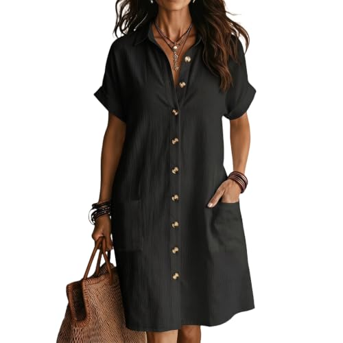 Summer Dresses for Women Collar Midi Shirt Dress with Side Pockets