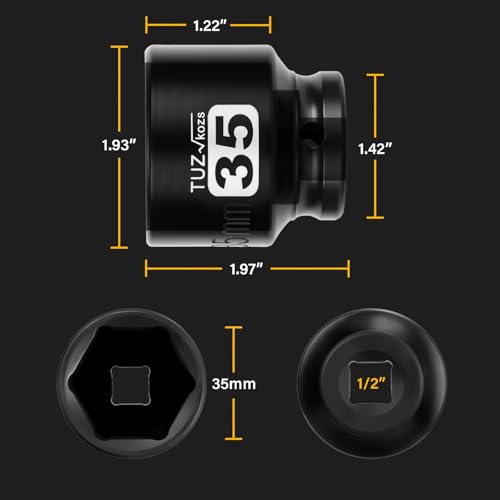Image of 1 /2 Inch Drive 35mm Shallow Metric Impact Socket,CR-MO,6 Point Radius Corner Design,Square Chamfered Opening,Axle Nut Impact Grade Socket for Easy Removal