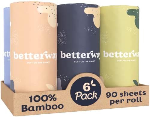 Betterway Bamboo Paper Towels - 6 Rolls, 2 Ply - Plastic Free, Disposable Kitchen Paper Towels - Select Size, Tree Free, Compostable, Strong & Absorbent - Sustainable Product w/Eco Friendly Packaging