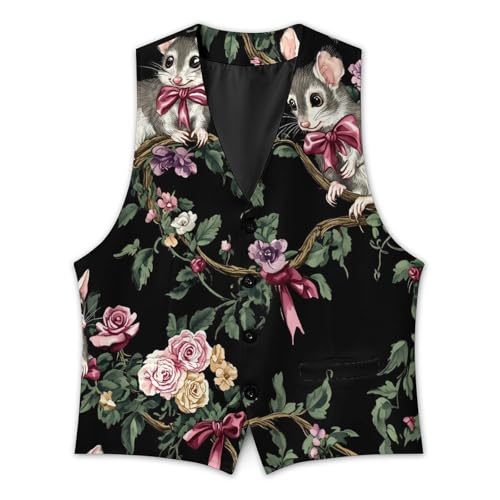 Opossums with Bows And Roses Men's Formal Suit Vest for Business Formal Or Casual Dress Waistcoat Wedding3