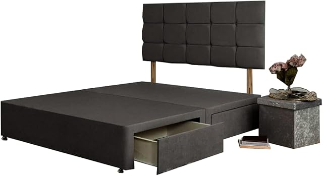 Rapyal Sleep Faigo Divan Bed Base and 24 Inch Headboard with 2 Drawers Same Side (Grey Suede, 4FT6 Double 135cm x 190cm)