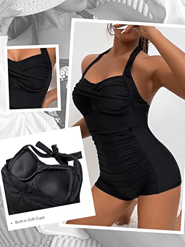 Molybell Boyleg Ruched Swimsuit Tummy Control Solid Monokini Boyshort Swimsuit Halter Vintage Bathing Suit Athletic Training One Piece Swimwear thumb #3