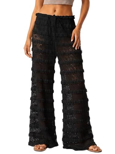 AOMEXAGA - AOMEXAGA Women's Crochet Swimsuit Coverup - Ruffle Layered Lace Sheer Mesh Wide Leg Beach Pants - Best Deal on Amazon