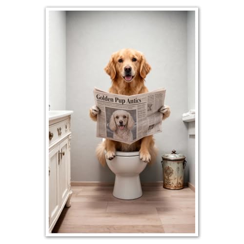 Funny Bathroom Wall Art Animal Golden Retriever Dog Reading Newspaper