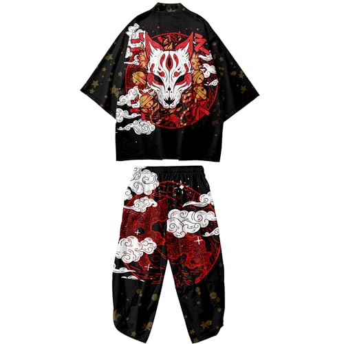 Image of DOSLAVIDA Men's Japanese Kimono Jacket Set Stylish Open Front Coat With Shorts Chinese Style Printed Cardigan Suit