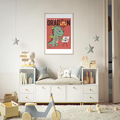 Art mural pour enfant : peinture dragon encadrée en bois 70x100 cm
