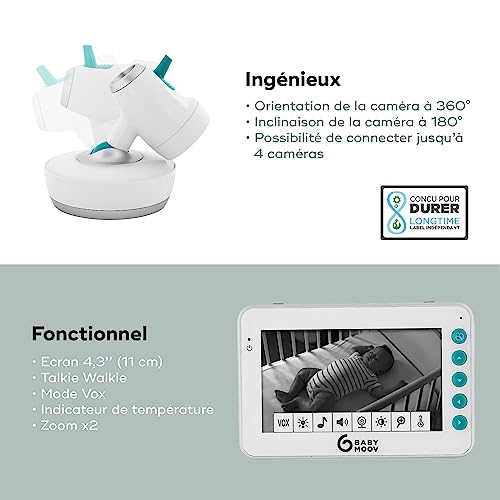 Babymoov YOO Moov Vigilabebé con Cámara Motorizada, Pantalla LCD Color de 4.3", Visión Nocturna, Rotacion 360°, Lamparita y Nanas, Alcance 300 m - imagen 4
