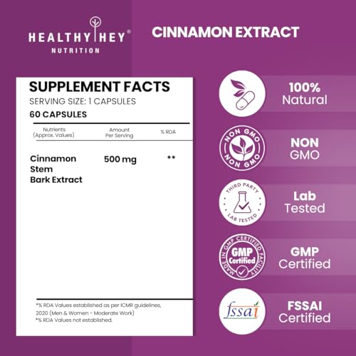 Image of HealthyHey Nutrition Cinnamon Extract 10:1 Ratio - Support Healthy Glucose Levels -60 Veg. Capsules