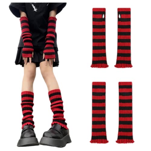 Womens Leg Socks Arm Sleeve Red-Black Stripe Knit Y2K Arm Warmers Gloves Leg Warmer Socks 80s Outfit for Women Party(2 Pairs)