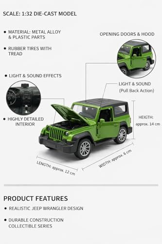 Image of Thar Diecast Matel Toy Car For Kids 1:32 Scale with Pull Back Action | Openable Doors Mini Jeep SUV Model Vehicle with Lights & Sound | Collectible Toy Car Gift for Kids Boys Girls 3+ Die Cast (Green)