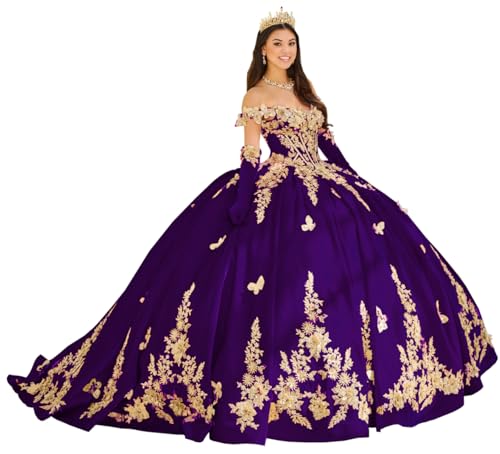 Gold Appliques Quinceanera Dresses with Butterfly Puffy Velvet Ball Gown for Sweet 15 16 YU008