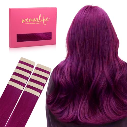 Image of WENNALIFE Tape in Hair Extensions Human Hair Violet Tape in Extensions, 10pcs 30g 26 inch Remy Invisible Tape Ins Straight Colored Soft Real Human Hair Tape in Extensions Refill Set Extensions
