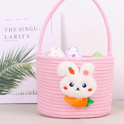Image of DIYASY Easter Basket for Kids, Woven Bunny Eggs Basket with Handle Gifts Tote Bag Candies Buckets for Boys Girls Toddler Baby Party Decorations Pink