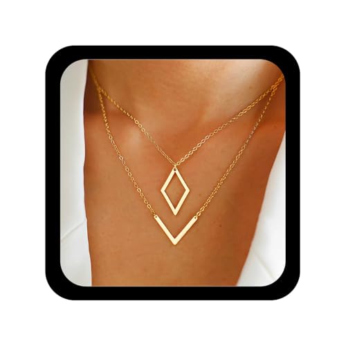 Allereyae Vintage Gold V Shape Necklace Layered Square Pendant Necklace Chevron Bar Necklaces Hollow Square Choker Necklaces Jewelry for Women