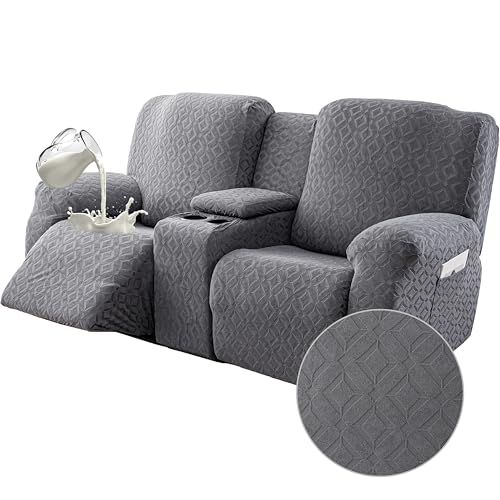 Gennia Waterproof Recliner Loveseat Cover with Console,Stretch Reclining Sofa Covers with Pockets,Lazy Boy Recliner Slipcovers,Leakproof Couch Protector for Kids&Pets (2 Seat with Console,Dark Gray)