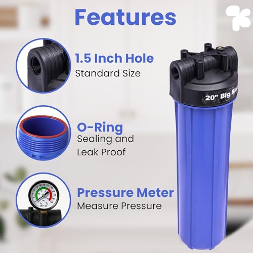 Image of AMPEREUS Whole House Water Filter, Housing /Sediment Bag Filter, Pressure Meter,Wrench, plae Big Blue 20'' Jumbo housing for 1.5 inch Inlet Outlet