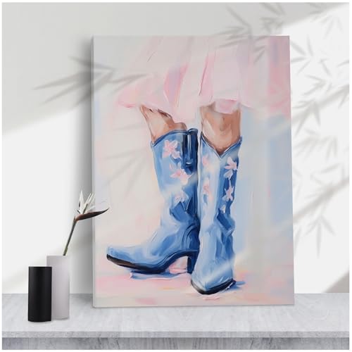 Whimsical Pink and Blue Cowgirl Boots Canvas Print,Pastel Western Inspired