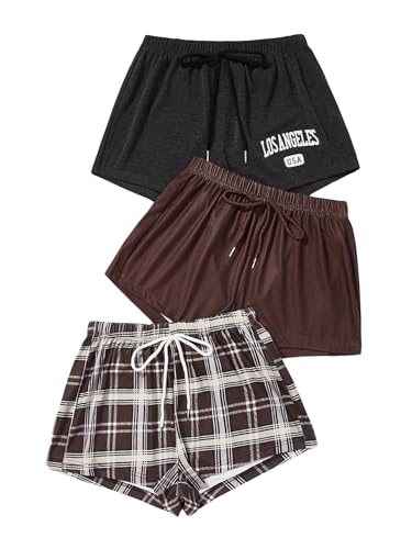 Image of WDIRARA Women's 3 Pack Plaid Letter Graphic Pajama Shorts Lounge Shorts | Elastic Waist ,Comfortable,Home Living,Sleepwear