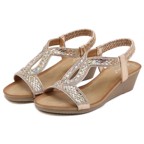 Women's Bohemian Rhinestone T-strap Wedge Sandals Open Toe Elastic Slingback Mid Heels Summer Beach Dressy Sandal2