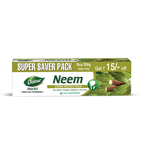 Image of Dabur Herb'l Neem 300g (200g + 100g) - Germ Protection Toothpaste with No added Fluoride and Parabens