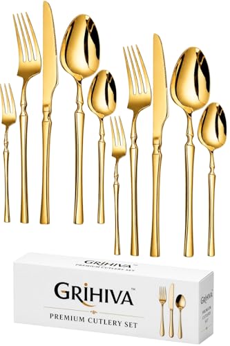 Image of 10 Pcs Gold Cutlery Set for Dining Table the Perfect Lightweight Silim Handle Tableware Including Dinner Spoon, Dinner Fork, Dinner Knife, Dessert Spoon & Dessert Fork