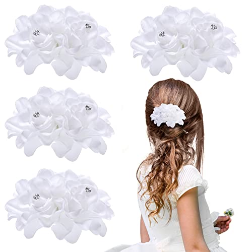 4 Pieces White Hair Flower Clip Orchid Barrette Lily Flower Hair Clip Double Floral Rhinestone Alligator for Women Bridal Girl Wedding Party