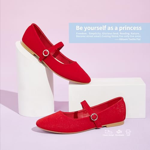 Image of Obtaom Mary Jane Flat Shoes Round Toe Ballet Flats for Women Dressy Fabric Business Flats Comfortable Classic Strap Flats for Office