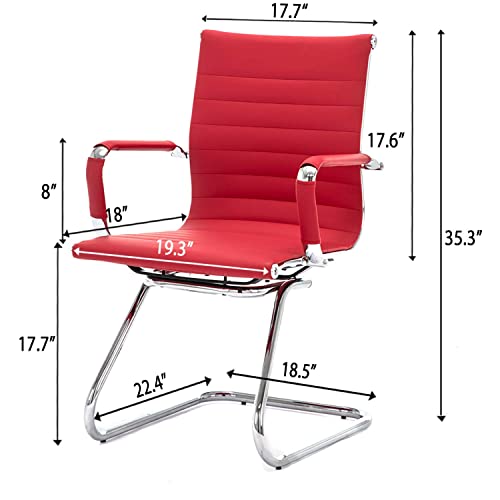 Image of No Wheels Reception Chairs Waiting Room Chair Leather Conference Chairs Back Support Heavy Duty Office Chair with Arm, Set of 2 (Deep Red)
