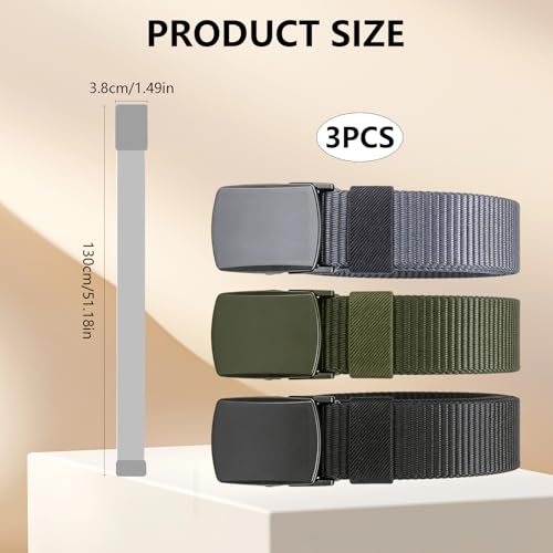 3 Pack Nylon Web Belt with Plastic Buckle Adjustable Tactical Waist Belt 1.5" Width 51" Length for Men Casual Outdoor Wear Black Army Green Grey