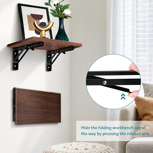 Image of Foldable Shelf Bracket 16 Inch Heavy Duty, Folding Table Bracket Wall Mounted Support for Fold Down Table, Workbench, Kitchen Counter, Study Desk & Space Saving Shelf, Black Metal Bracket Pack of 2