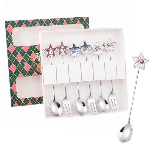 Juego de 6 cubiertos de Navidad, juego de cuchara y tenedor, cucharas de café, té, tenedores de pasteles, juegos de vajilla de Navidad, helado, postre, cucharaditas, rellenos de calcetines de Navidad
