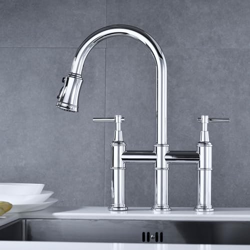 Robinet de cuisine Bridge pour évier central, douchette rétractable et double commande - 4