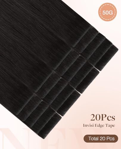 GOO GOO Invisi Edge Tape in Hair Extensions Human Hair, 1B Natural black 20pcs 20inch 50g, Virgin Remy Hair, Seamless Injected Tape, Natural Look