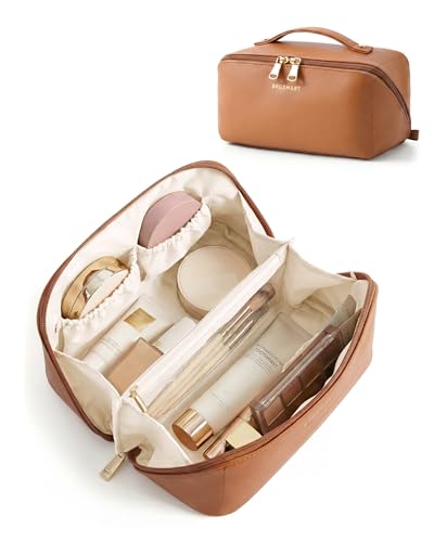 BAGSMART Flat-Open PU Leather Makeup Bag