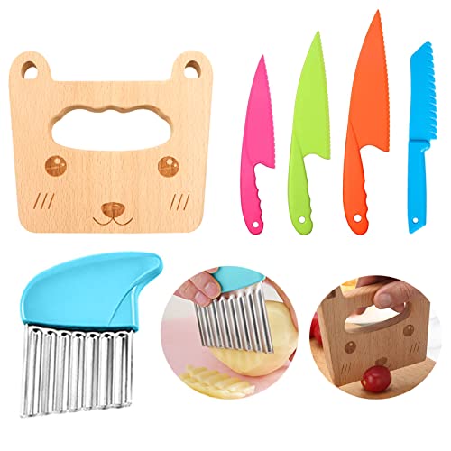 6 Piezas Juego de Cuchillos de Cocina para Niños,Juego Cuchillos Cocina Niños, Cuchillo de Plástico para Niños para Cortar Frutas o Verduras, pan, Cuchillo de Madera, Cuchillo para Patatas