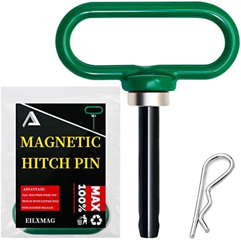 EilxMag Magnetic Hitch Pin, Lawn Mower Trailer Hitch Pins - Strong Heavy Duty Neodymium Magnet Trailer Gate Pin for Mowers, Lawn Tractors, Towing Cargo, ATV - Simple One Handed Hook On & Off（Green）
