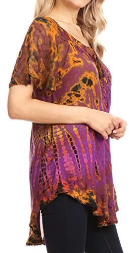 Sakkas Splenka Long Tie Dye Embroidered Corset Neck Cap Sleeve Blouse Shirt Top3