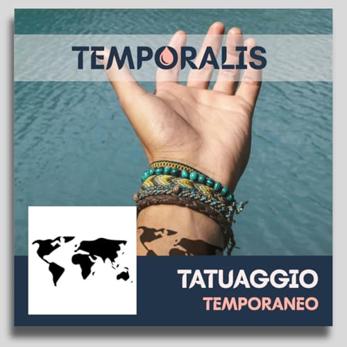 Tatuaggio VIAGGIO - Temporalis® | Tatuaggi temporanei uomo donna, tatuaggi finti vegani e waterproof - Certificato UE - Dura 1-2 settimane [ Tattoo Mappa del mondo ]