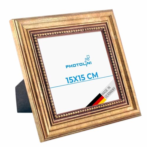 PHOTOLINI Barock-Bilderrahmen 15x15 cm in Gold antik, Holz-Rahmen Vintage, Made in Germany, Echtglas, zum Aufhängen & Aufstellen, mit Zubehör - verleiht Deinen Fotos das besondere Etwas