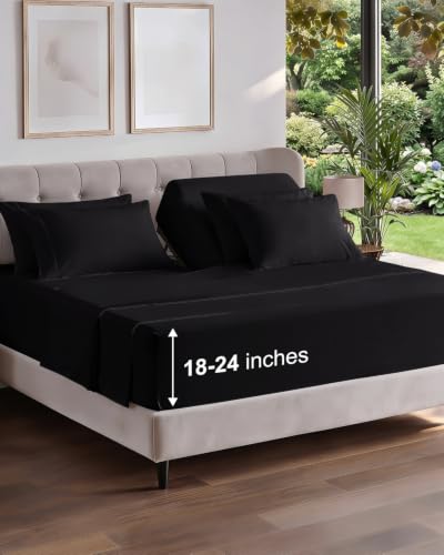 Image of CGK Unlimited Extra Deep Flex Top Split Head King Sheet Set - 6 Piece Breathable and Cooling Sheets - Hotel Luxury Bedding for Women, Men, Kids & Teens - Easy Secure Fit - Extra Deep Pockets - Black