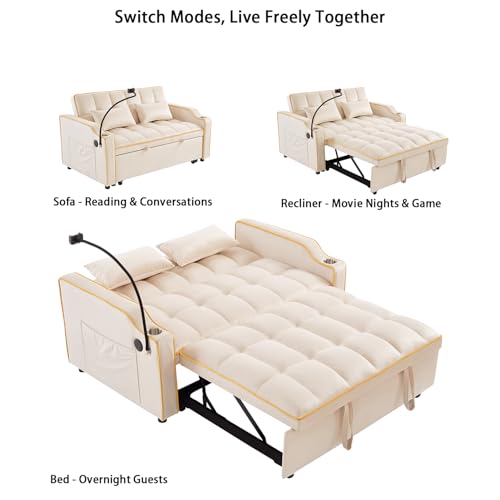 Image of Convertible Sofa Bed, 3 in 1 Futon Sofa Bed with USB Charging Ports, Cup Holder, Phone Stand & Pocket, Modern Upholstered Sleeper Sofa for Living Room, Apartment or Small Space (Beige-L)