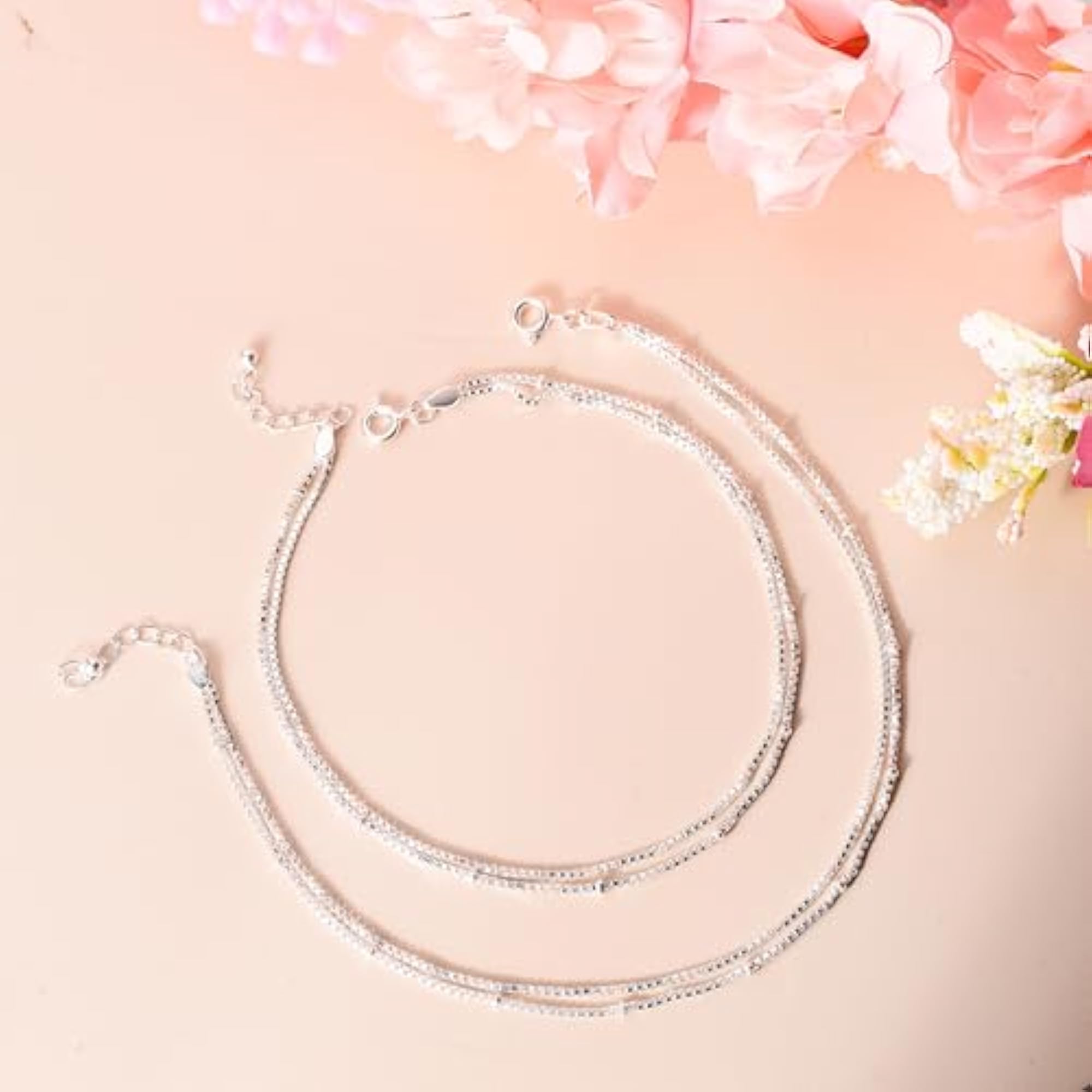 Women's 925 Sterling Silver 2 Line Fancy Plain Anklet, Lightweight