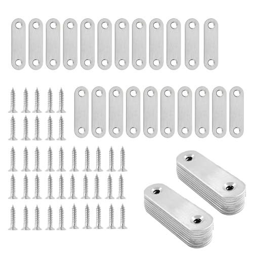 40 Équerres Plates, Équerres de Fixation pour Bois en Acier Inoxydable avec 80 Vis Auto-Taraudeuses 13mm, Finition Brossée, Trous Fraisés, Entraxe 38mm, Dimensions 55x16x1mm