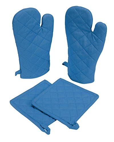 Native Fab Pot Holders And Oven Mitts Sets For Kitchen Heat Resistant - Hanging Non-Slip - 100% Cotton Kitchen Oven Mitts And Pot Holders 4-Piece Set - Blue #TOP15