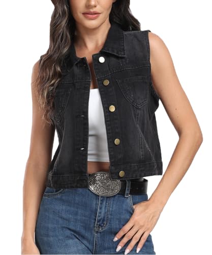 J.Corrine Women’s Denim Vest Sleeveless Trendy Classic Cropped Distressed Spread