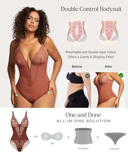 Popilush Bodysuit Shapewear Lace Body Suits Women Tummy Control V Neck Sleeveless Tops Low Back Bodysuits — view 2