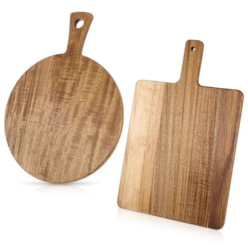 Oqqlin 2 Pcs Acacia Wood Cutting Board with Handle, 15.7‘’ L Round Rectangular Decorative Wooden Cutting Boards Large Charcuterie Board Set for Meat, Bread, Fruit, Pizza, Cheese