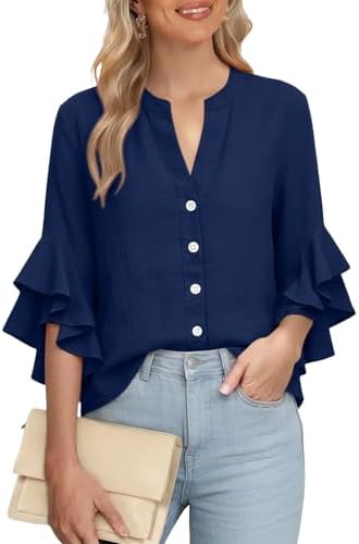 3/4 Ruffle Sleeve Cotton Linen Shirts for Women Dressy V Neck Beach Tunic Tops Elegant Summer Casual Work Blouses Navy - 5